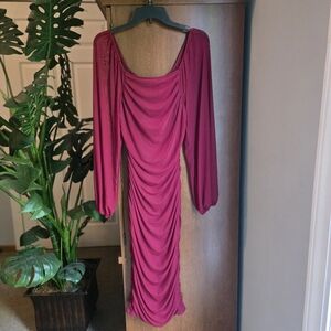 NWT Merokeety Bodycon Midi Dress With Mesh Puff Sleeve And Ruching In Wine